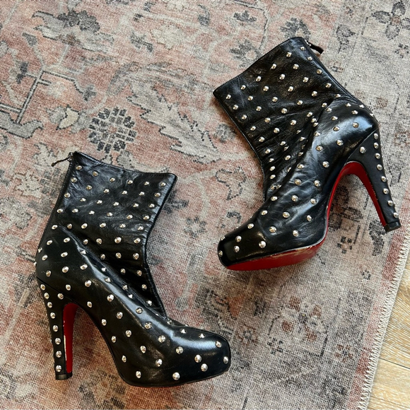 Christian Louboutin Black Studded Leather Ankle Boots with Red Soles - Picture 4 of 12